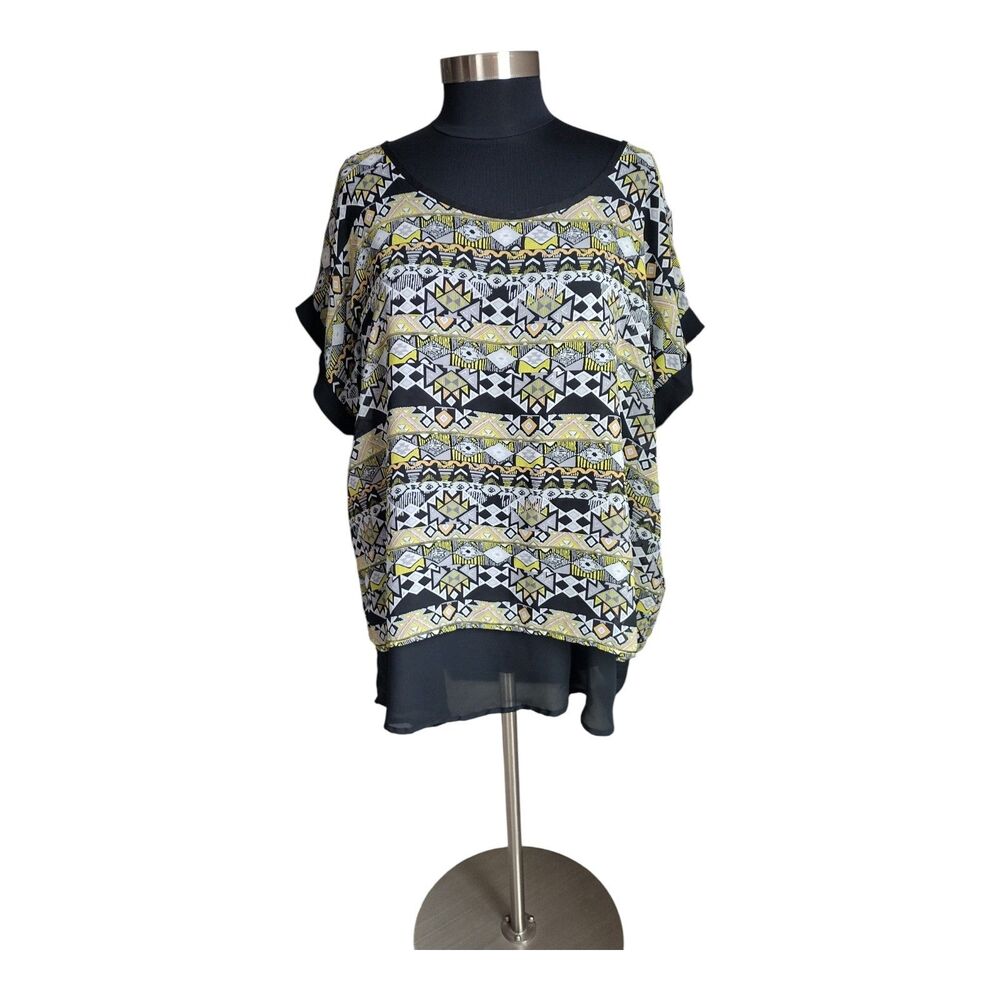 Cato Womens Aztec Boho Southwestern Blouse Sz 18/20 Multi Color Black Yellow